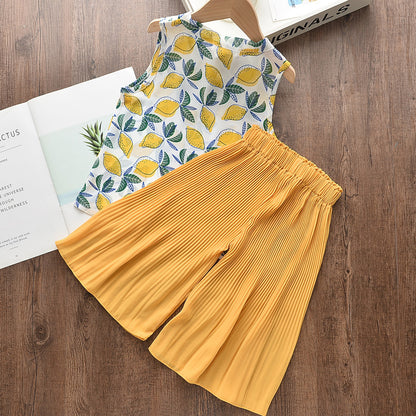 Korean Style Summer Lightweight Chiffon Sleeveless Blouse with Bow + Wide-Leg Pants Two-Piece Set for Kids