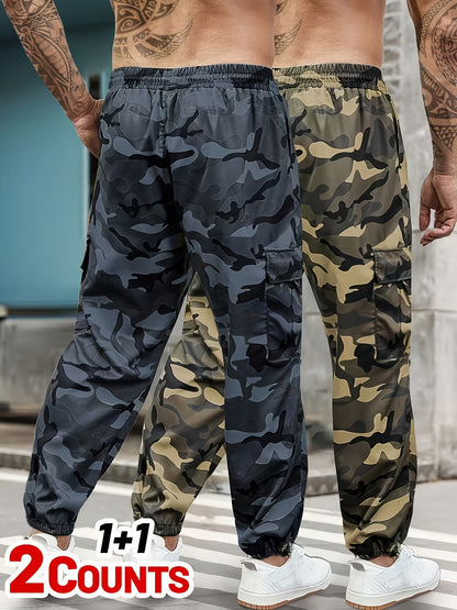 2-Pack 2025 New Men's Camouflage Cargo Pants - Military Style Drawstring Multi-Pocket Long Pants, Spring and Autumn Casual Sports Pants, Stylish Tactical Apparel