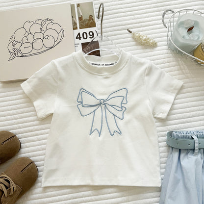 Summer Girl's Outfit Set New  Short Sleeve Bow T-Shirt and Bloomer Shorts Two-Piece Set
