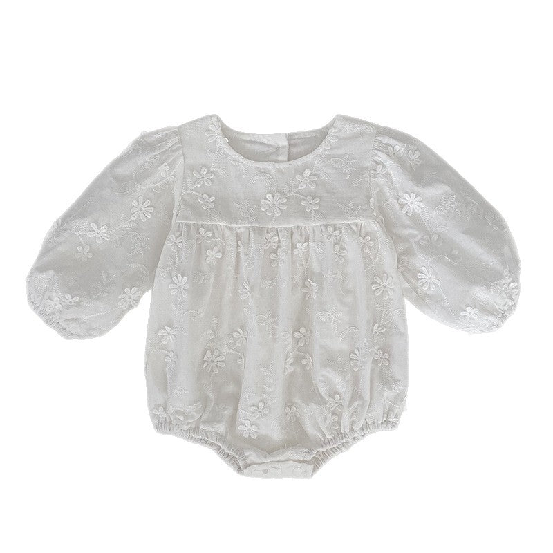 Infant Long Sleeve Embroidered Bodysuit, Stylish Baby Girl White Onesie for Spring and Autumn