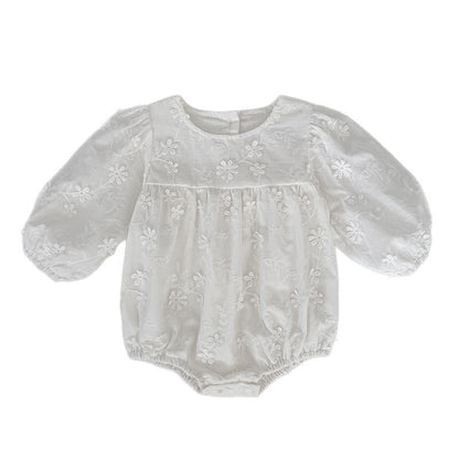 Infant Long Sleeve Embroidered Bodysuit, Stylish Baby Girl White Onesie for Spring and Autumn