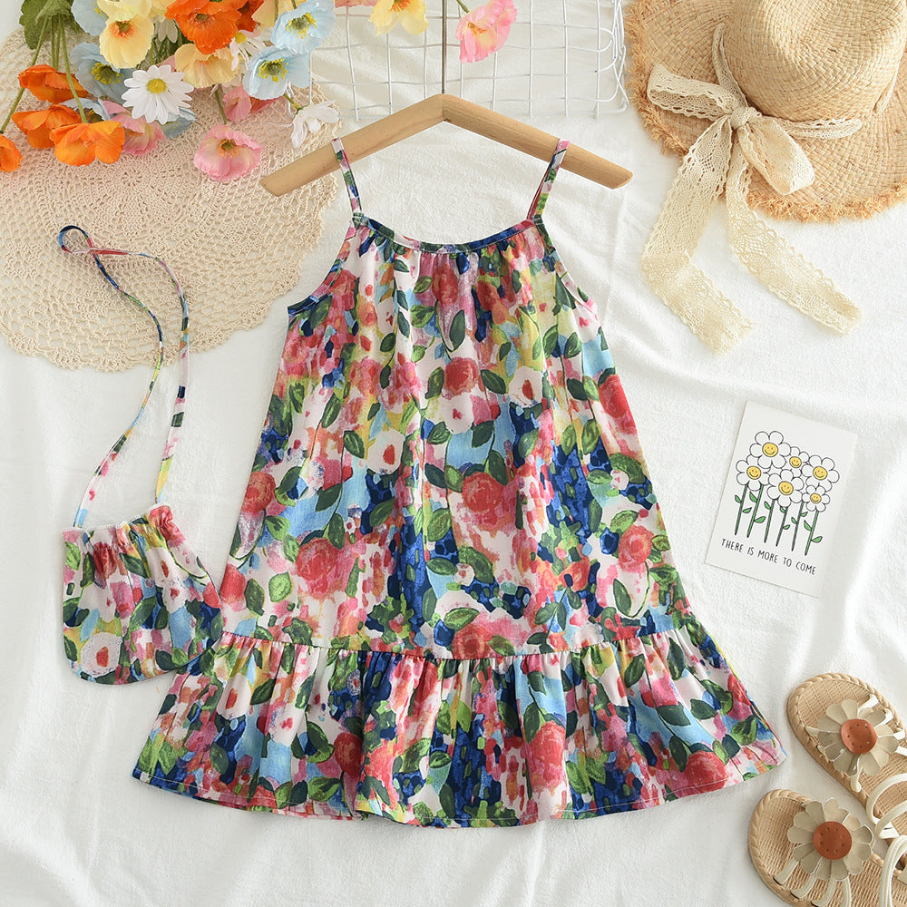 Girls' Summer New Style Dress, Children's Floral Dress, Baby Girl Ethnic Style Flower Dress, Strap Dress