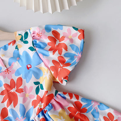 Backless Floral Print Children's Dress for Girls, Summer Bubble Sleeve Short Sleeve Dress, Vacation Dress