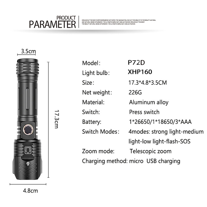 Xhp90 Zoomable Xhp99 Outdoor Beam Flashlight USB Rechargeable