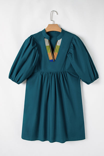 Blue Sapphire Colorblock Split V Neck Puff Sleeve Mini Dress