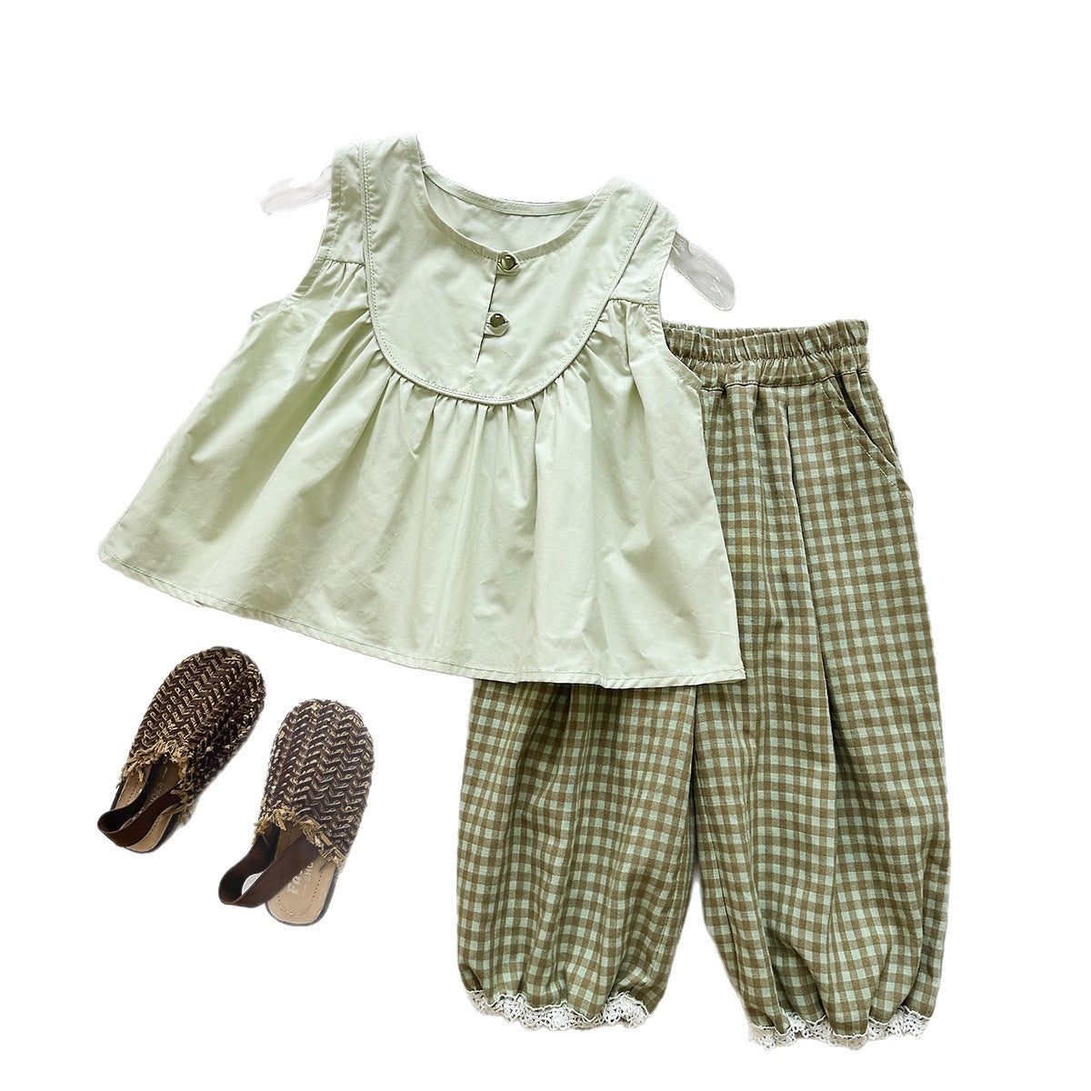 Summer Girls' Outfit Set Sleeveless Doll Top Plaid Mosquito-Repellent Pants Chic Two-Piece Set