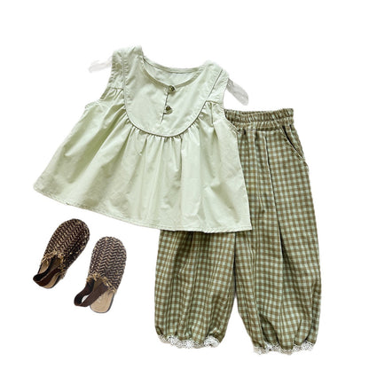 Summer Girls' Outfit Set Sleeveless Doll Top Plaid Mosquito-Repellent Pants Chic Two-Piece Set