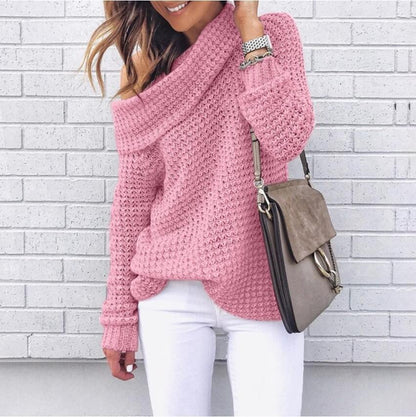 Chic Autumn/Winter Women's Solid Color High Neck Knit Sweater E Style Top