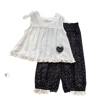 Summer Girls' Outfit Set Fashion Sleeveless Crop Top Floral Long Pants Casual Two-Piece Set