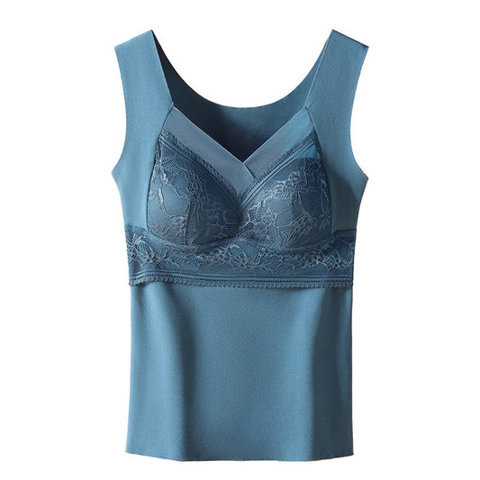 De Rong Warm Vest for Women Double sided Brushed with Chest Pads Slim Fit Bottom Heating Warm Underwear for Women