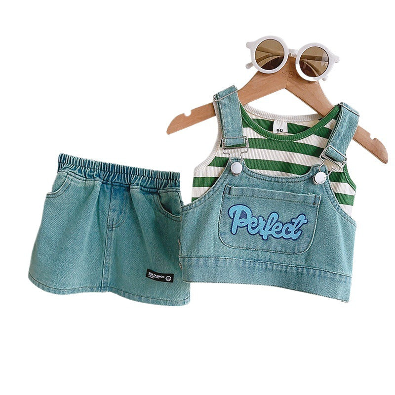 Cute Girl's Summer Denim Outfit Set, New Baby Summer Sleeveless Top with Strap Skirt Three-Piece Set