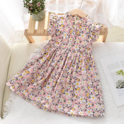 Cute Floral Print Dress for Girls with Stand Collar and Flutter Sleeves, Buttoned Baby Doll Style, Fresh and Charming Summer Dress