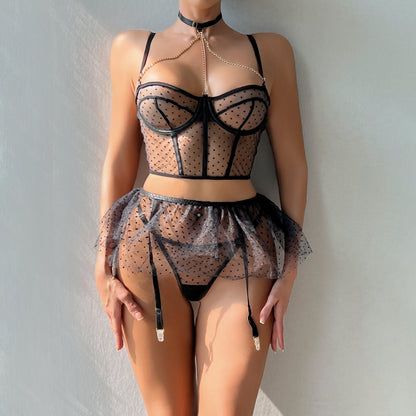European and American Cross-border E-commerce Polka Dot Lingerie Three-piece Set Close-fitting Sexy Chain with Steel Ring Transparent Women's Underwear