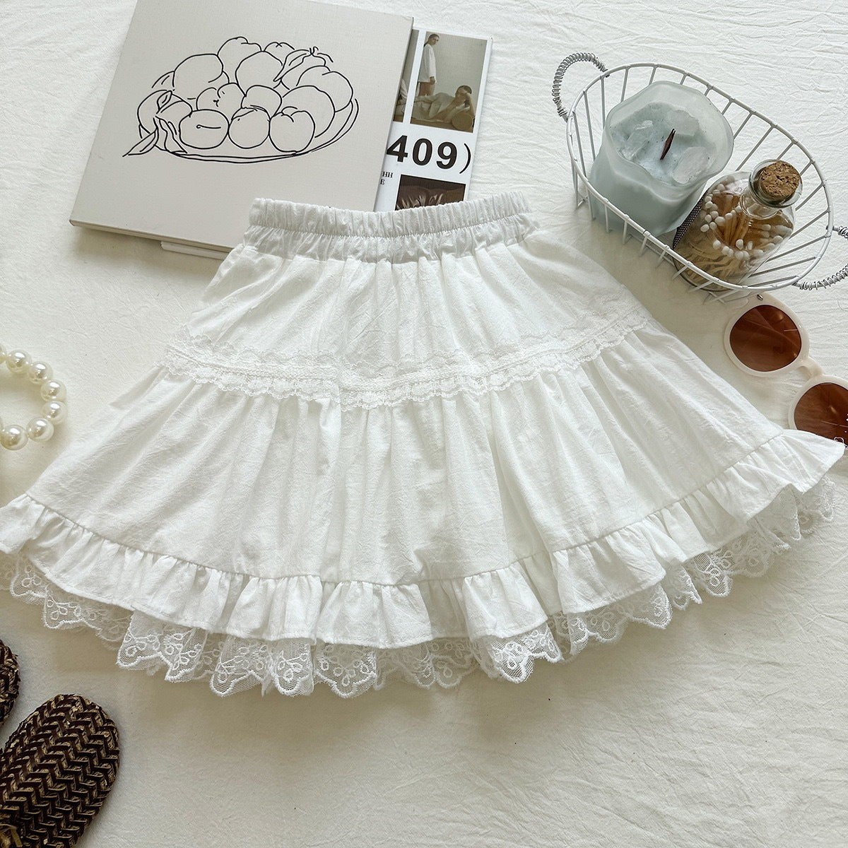 French Style Kids' Outfit Set for Girls, Lace Collar Short Sleeve Blouse Cake Skirt Two-Piece Set, Sweet and Charming