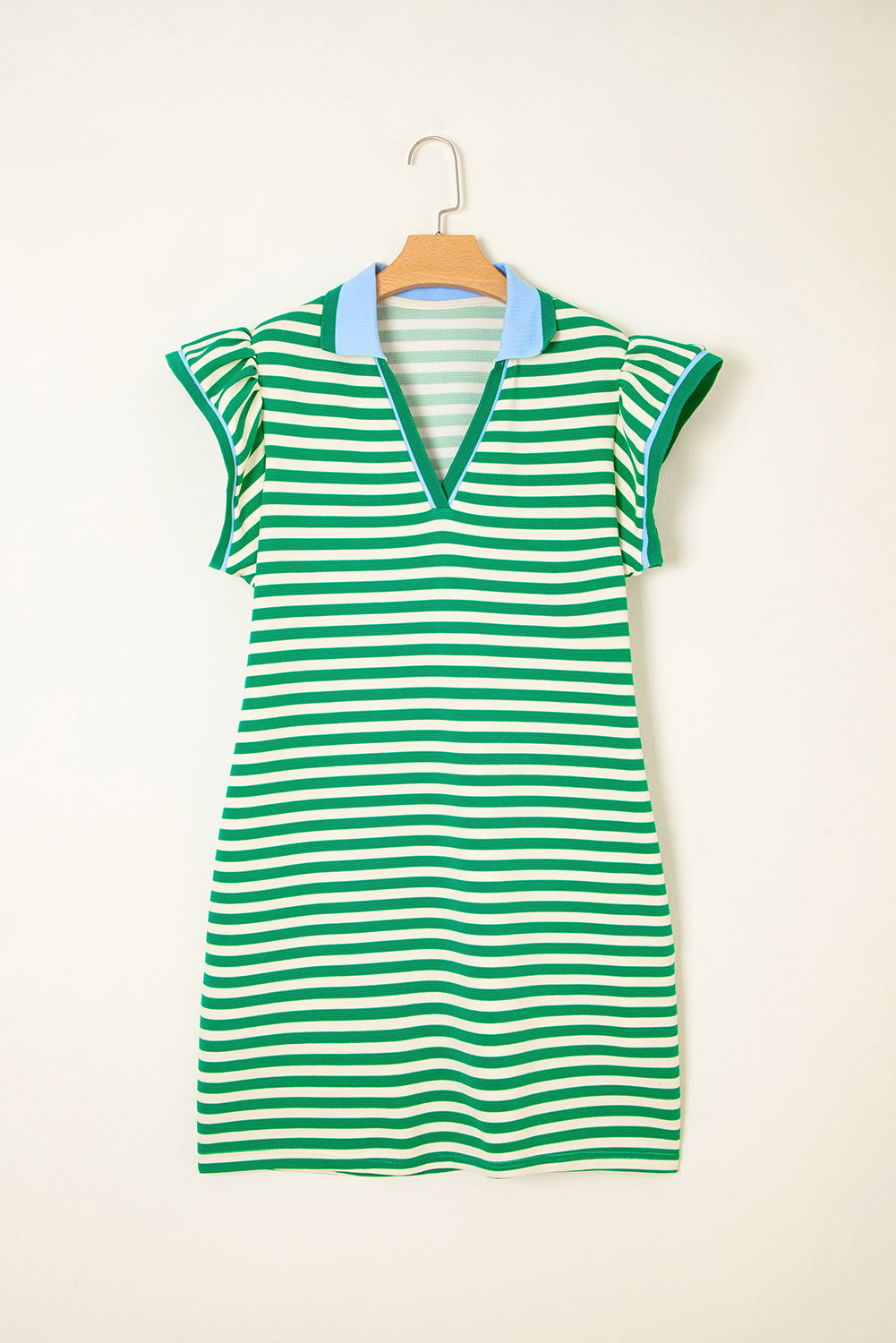 Green Stripe Print Contrast Collar Split Neck Flutter Sleeve Short Dress