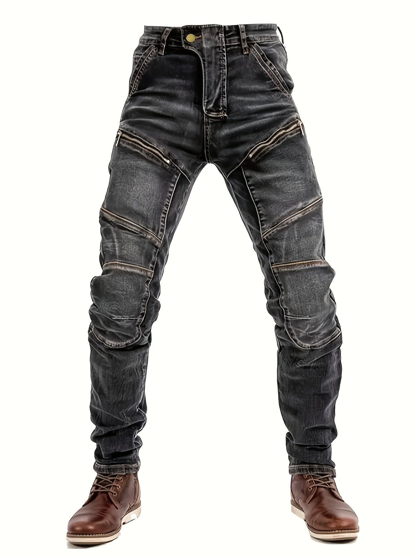 Men's Slim-Fit Black Straight-Leg Washed Pants - Streetwear Pants with Faux-Zipper Panel (No actual zip), Machine-Washable All-Season Wear for Jeans Suit & Casual Outfits - Non- Durable Fabric