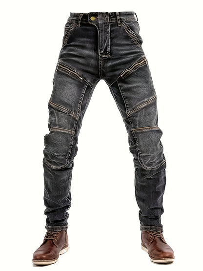Men's Slim-Fit Black Straight-Leg Washed Pants - Streetwear Pants with Faux-Zipper Panel (No actual zip), Machine-Washable All-Season Wear for Jeans Suit & Casual Outfits - Non- Durable Fabric