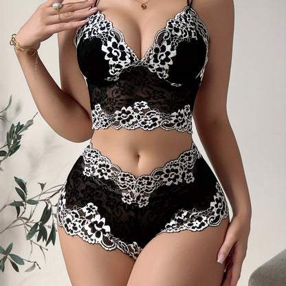 Two-Tone Floral Lace Bra Set, V-Neck Bodycon Hollow-Out Top and Panties, Women's Daily Comfort Underwear