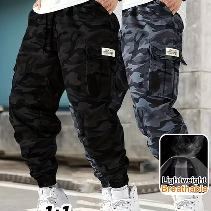 2-Pack 2025 New Men's Camouflage Cargo Pants - Military Style Drawstring Multi-Pocket Long Pants, Spring and Autumn Casual Sports Pants, Stylish Tactical Apparel