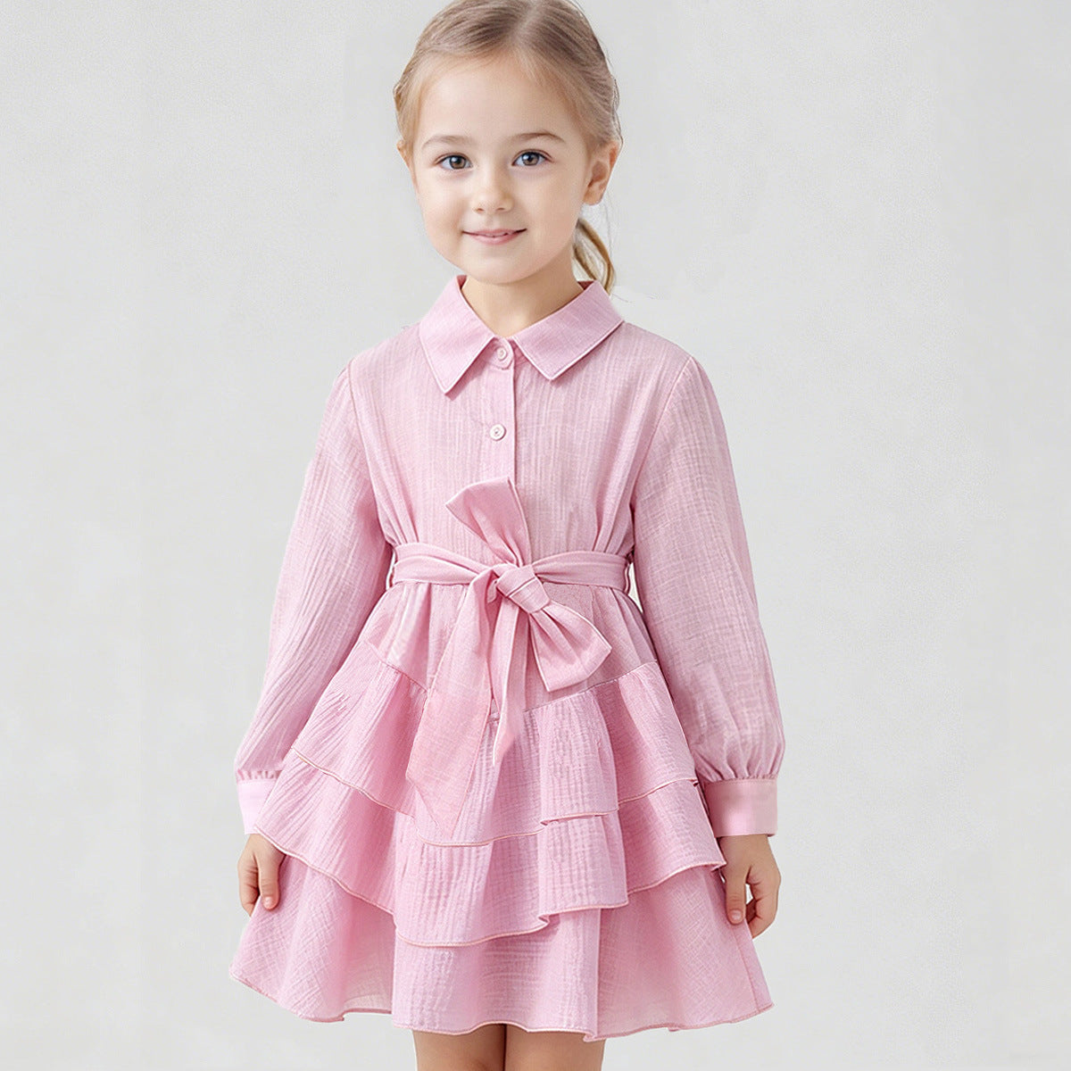 Ins Russian Girl Linen Fashion Ruffle Princess Dress JK Belted Elegant Turn-down Collar Dress