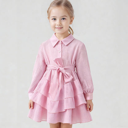 Ins Russian Girl Linen Fashion Ruffle Princess Dress JK Belted Elegant Turn-down Collar Dress