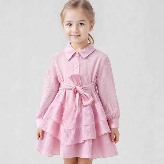 Ins Russian Girl Linen Fashion Ruffle Princess Dress JK Belted Elegant Turn-down Collar Dress