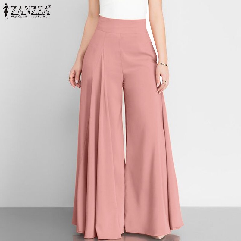 Pantalon élégant taille haute à jambes larges pour femme, style vintage printanier, coupe évasée, uni, fermeture éclair, palazzo