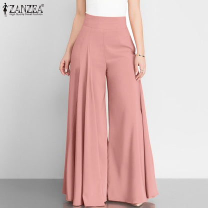 Pantalon élégant taille haute à jambes larges pour femme, style vintage printanier, coupe évasée, uni, fermeture éclair, palazzo