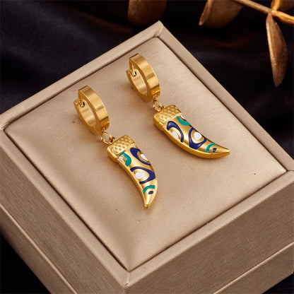Stainless Steel  New Enamel Horns Drop Earrings For Women Bijoux Accessories Brincos Des Boucles D'oreilles