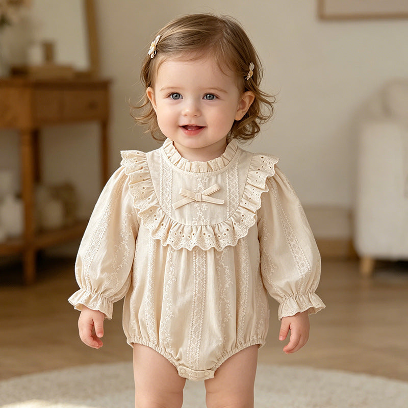 Spring and Autumn Baby Romper, Long Sleeve Embroidered Onesie with Lace Collar, Cotton Baby Outfit for Girls