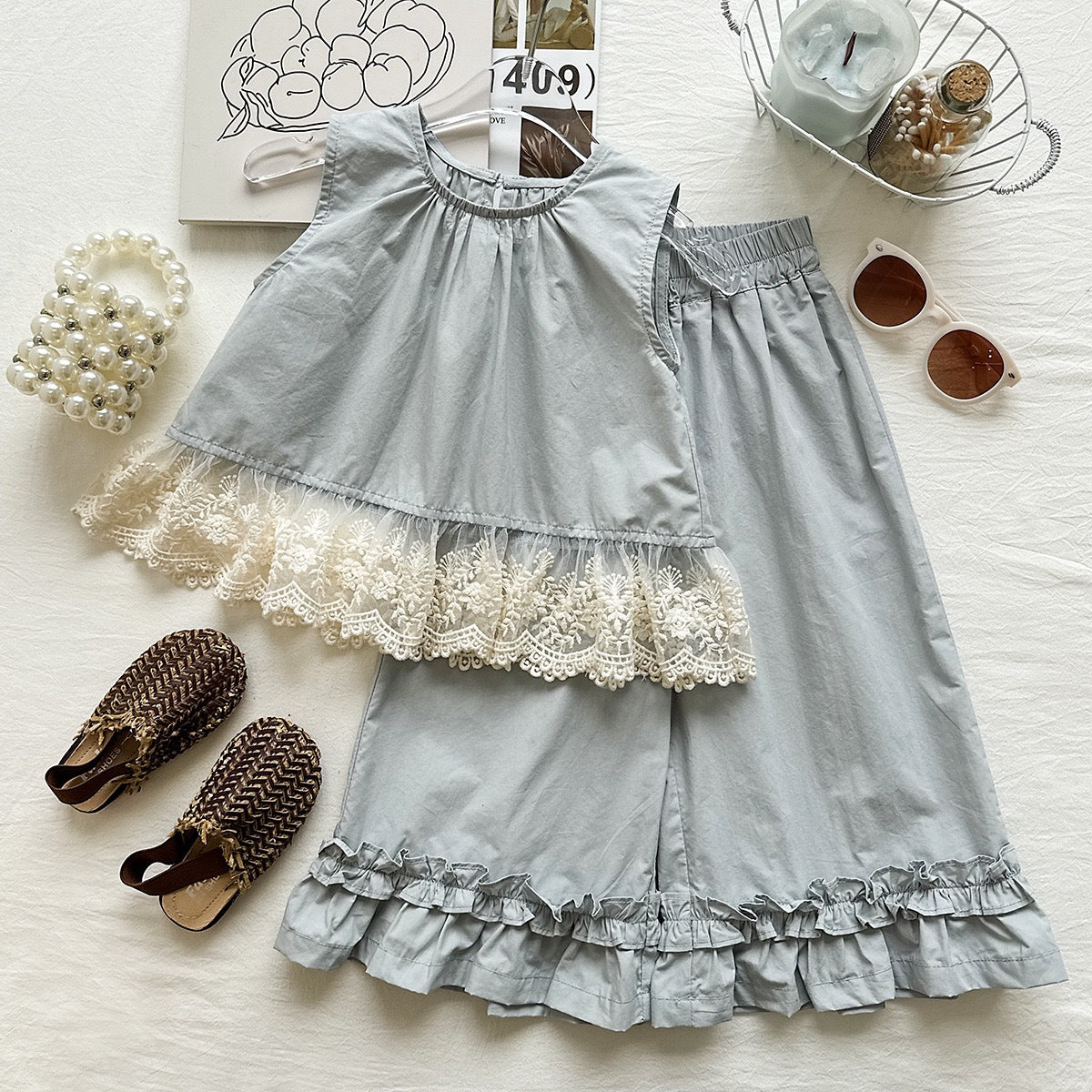 Summer Girls' Set New Sleeveless Lace Trim Top with Ruffle Wide-Leg Pants Casual Two-Piece Set
