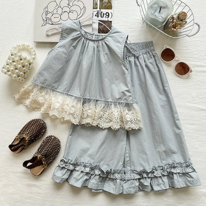 Summer Girls' Set New Sleeveless Lace Trim Top with Ruffle Wide-Leg Pants Casual Two-Piece Set