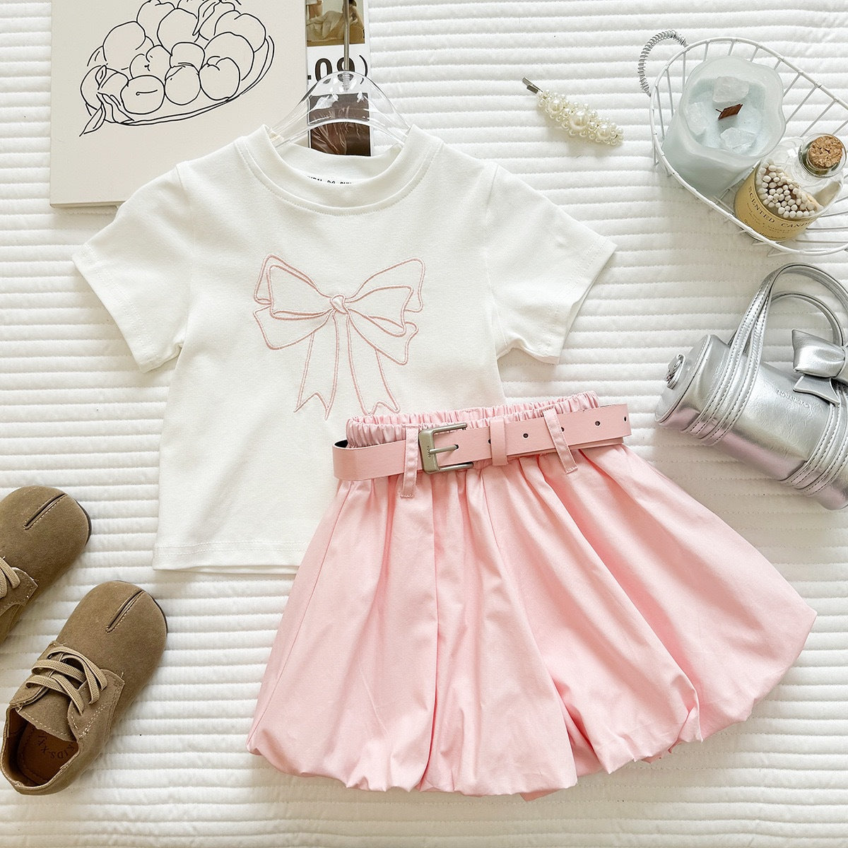 Summer Girl's Outfit Set New  Short Sleeve Bow T-Shirt and Bloomer Shorts Two-Piece Set