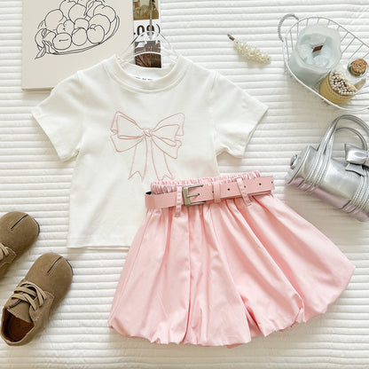 Summer Girl's Outfit Set New  Short Sleeve Bow T-Shirt and Bloomer Shorts Two-Piece Set