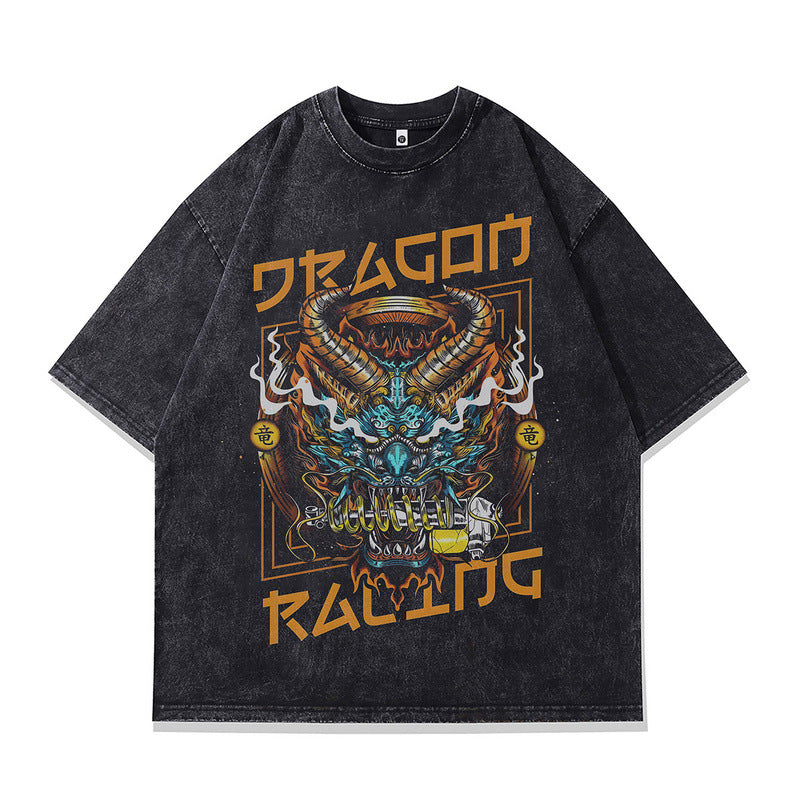 Summer Small Collar Pure Cotton Men's T-Shirt Japanese Ukiyo-e Retro Print Washed Vintage Short Sleeve Tee