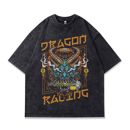 Summer Small Collar Pure Cotton Men's T-Shirt Japanese Ukiyo-e Retro Print Washed Vintage Short Sleeve Tee