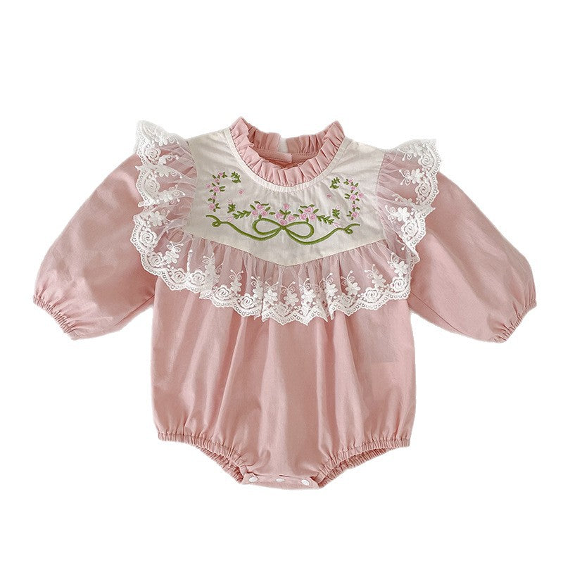 Baby Long Sleeve Romper with Lace Embroidery, Spring and Autumn New StyleFashion for Girls, Infant Bodysuit