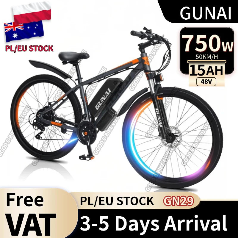 GUNAI GN29 vélo électrique adulte 750W vélo de route électrique 48V 15Ah vtt e-bike 29 "montagne Ebike 50 KM/H vitesse maximale