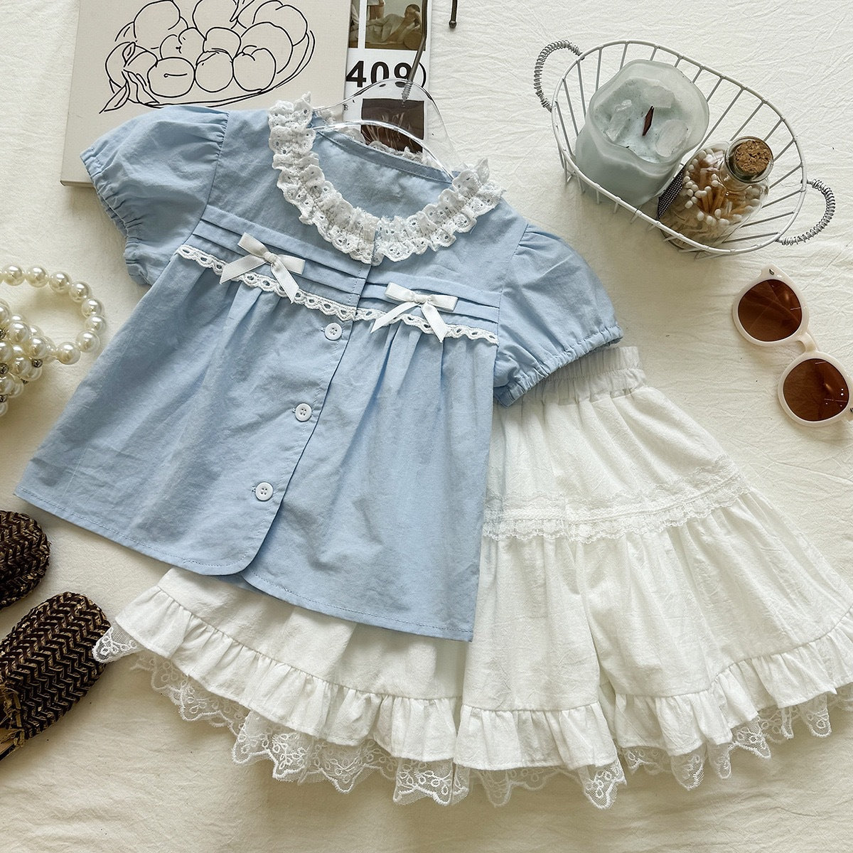 French Style Kids' Outfit Set for Girls, Lace Collar Short Sleeve Blouse Cake Skirt Two-Piece Set, Sweet and Charming