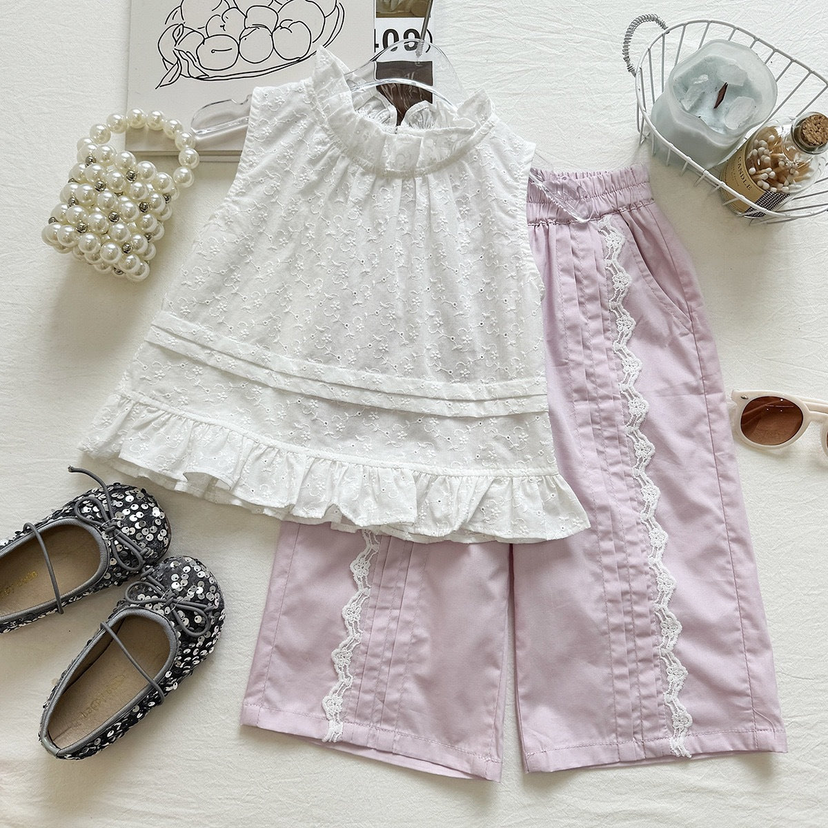 Summer Girls' Set Embroidered Flower Sleeveless Top Lace Wide Leg Pants Two-Piece Outfit