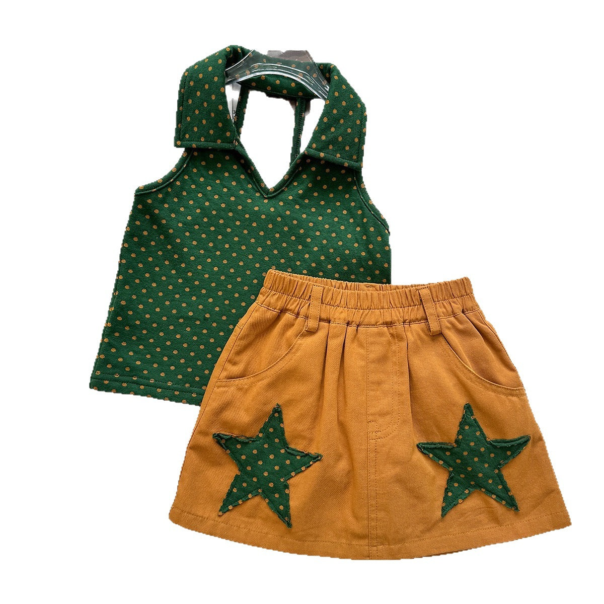 Cute Girls' Summer SetPolka Dot Crop Top with Star Applique Mini Skirt Two-Piece Outfit