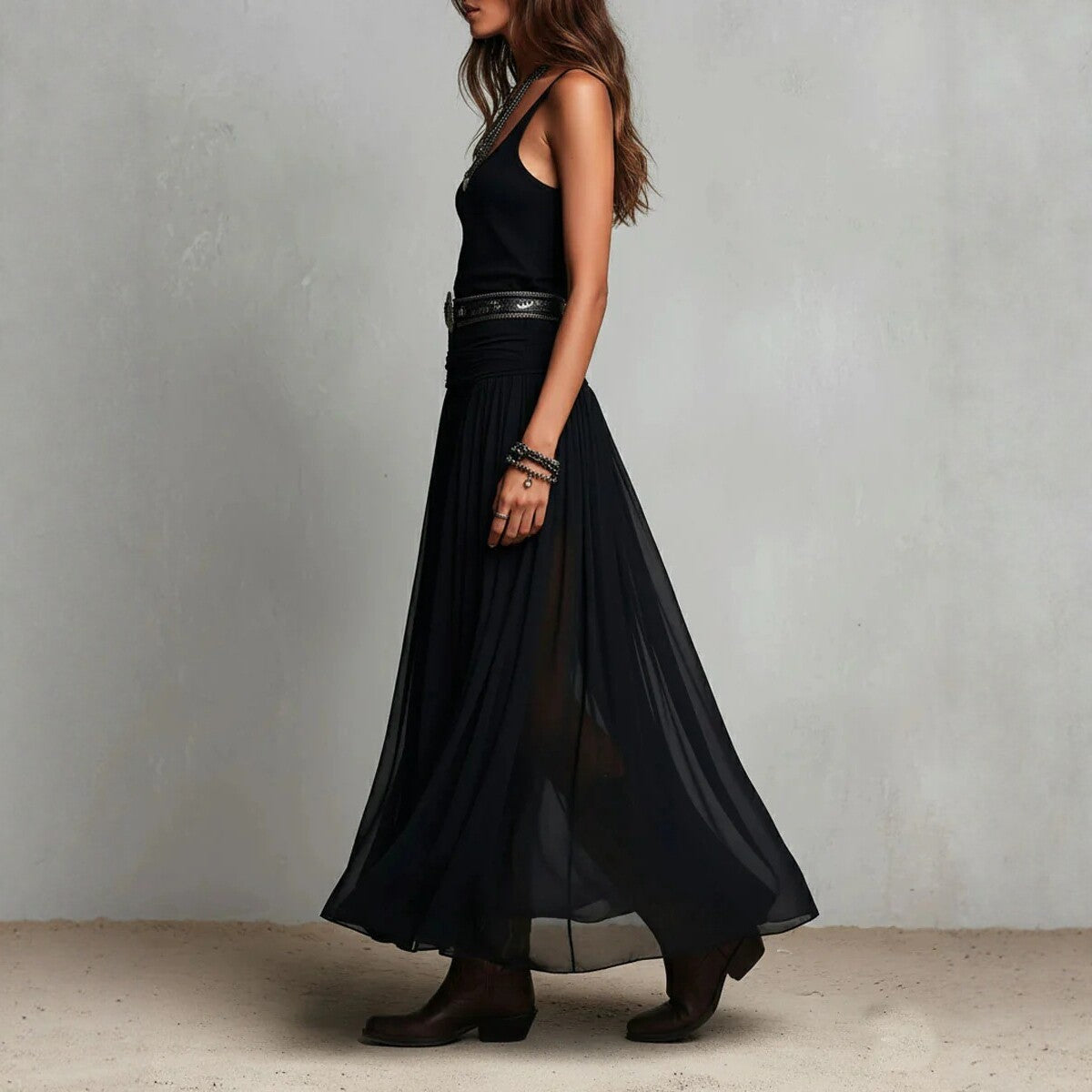 Summer New Black Strap Long Dress for Women, Mesh Dress with Belt