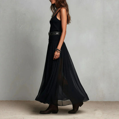 Summer New Black Strap Long Dress for Women, Mesh Dress with Belt