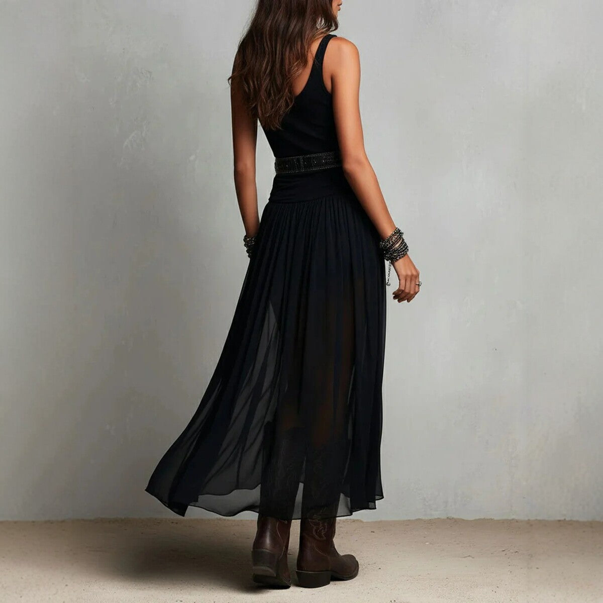 Summer New Black Strap Long Dress for Women, Mesh Dress with Belt