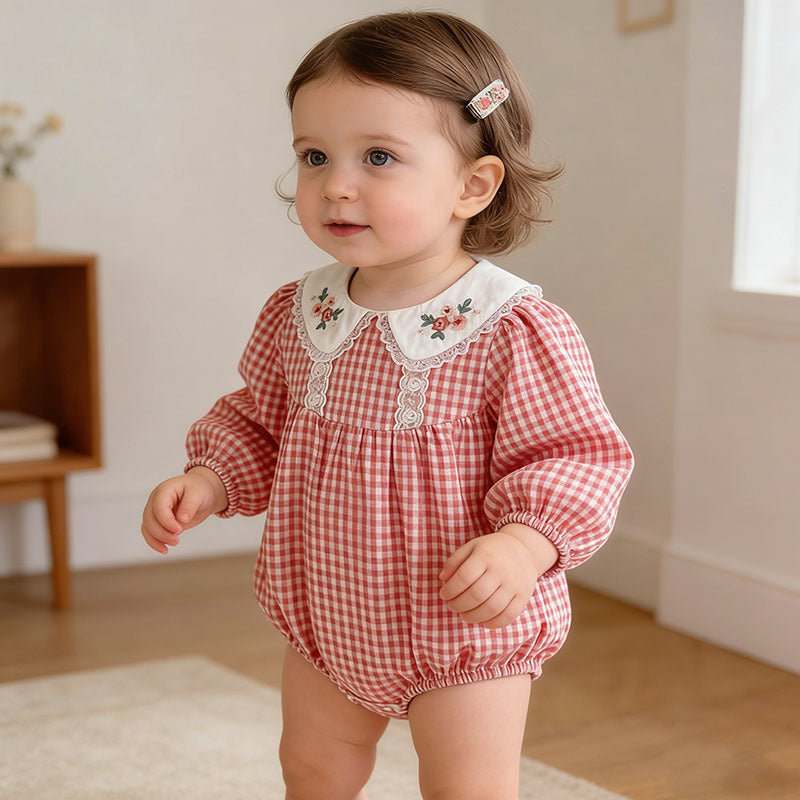 Baby Clothes Spring Autumn New Style Girl KPlaid Embroidered Collar Romper Cute Turn-down Collar Bodysuit Crawling Suit Cotton