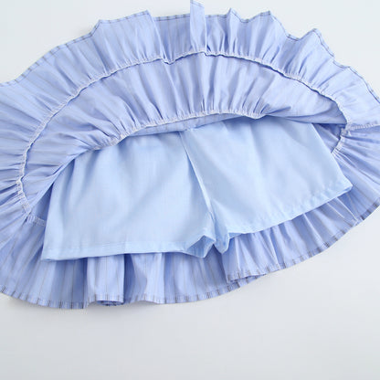 Girls' Princess Style Outfit Set Summer Short Sleeve Striped Shirt Skirt Two-Piece Fashion Set