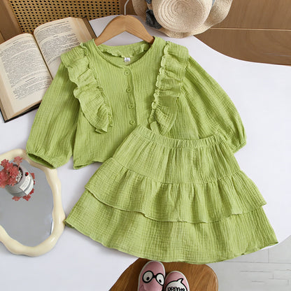 Ins Russian Girls' Cotton Off-Shoulder Sleeve Shirt + Lace Skirt, British Style Children's Two-Piece Set