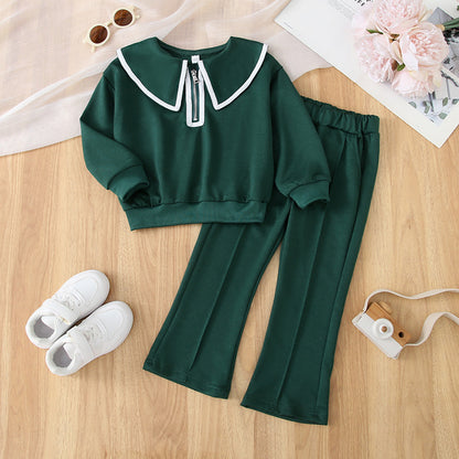 Elegant Casual Two-Piece Set for Little Girls, Fashionable Flared Pants Autumn Outfit