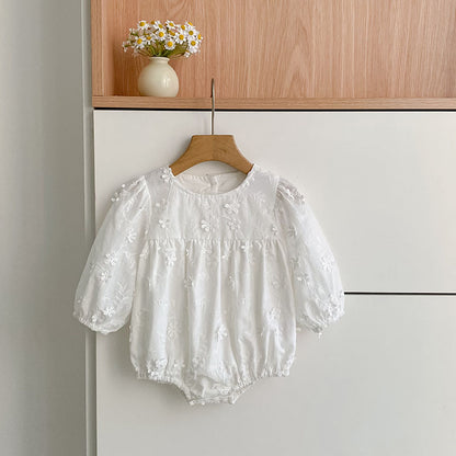 Infant Long Sleeve Embroidered Bodysuit, Stylish Baby Girl White Onesie for Spring and Autumn