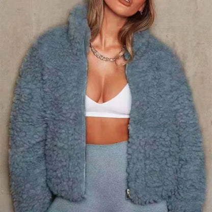 Manteau court en laine d'agneau pour femme, pardessus épais et chaud pour femme, vestes à col roulé à manches longues, streetwear à la mode, automne et hiver 2023